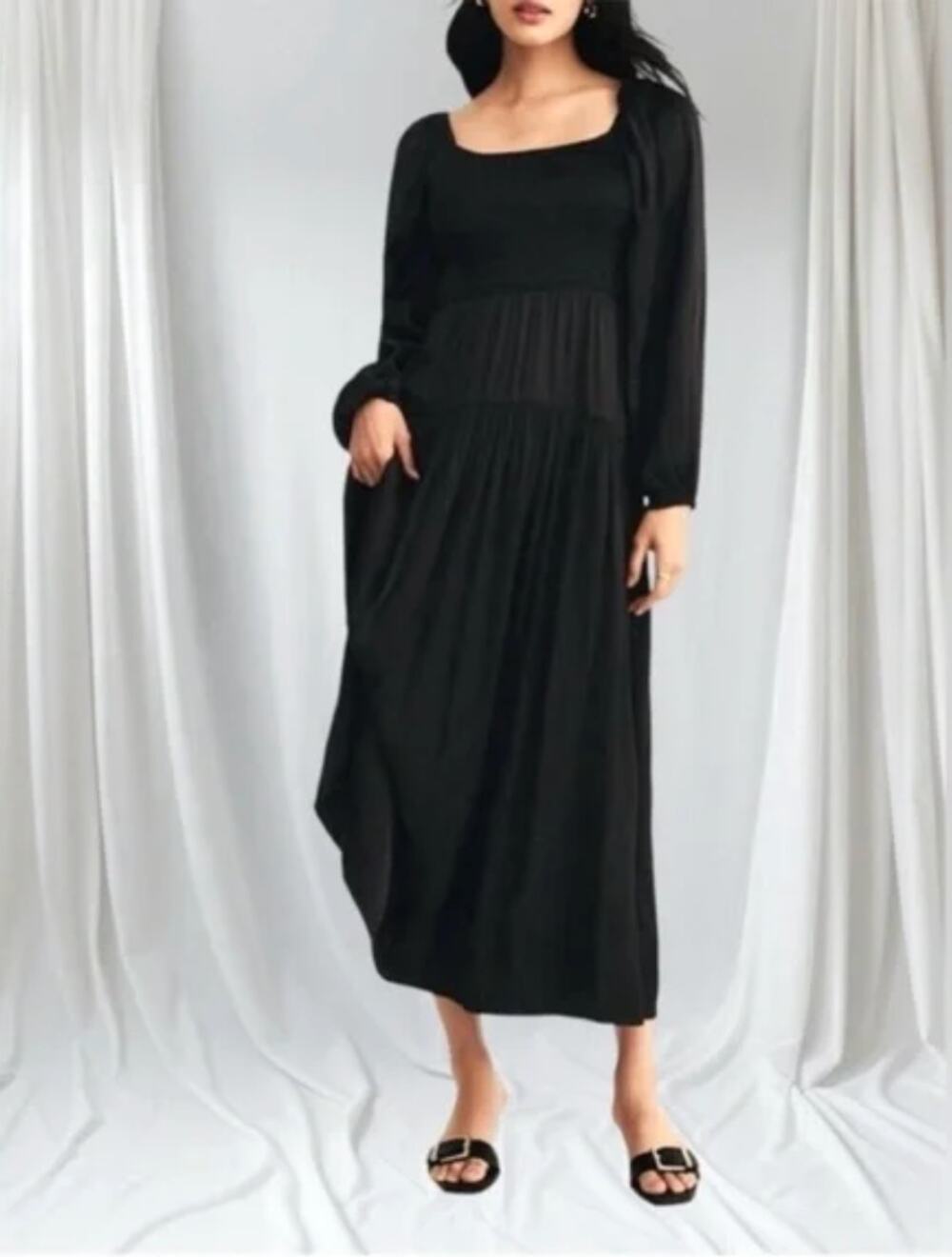 Z SUPPLY Black Wildes Black Satin Tiered skirt Smocked Midi Dress Long Sleeve XL